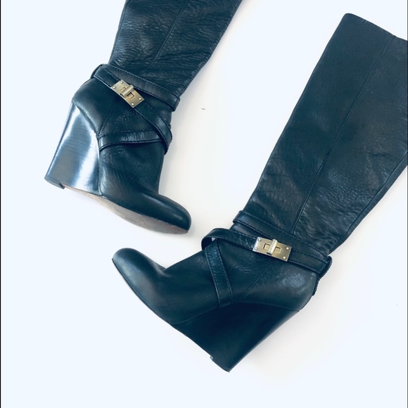 BCBGMAXAZRIA Black Leather Remy Wedge Boot Black - Picture 3 of 10